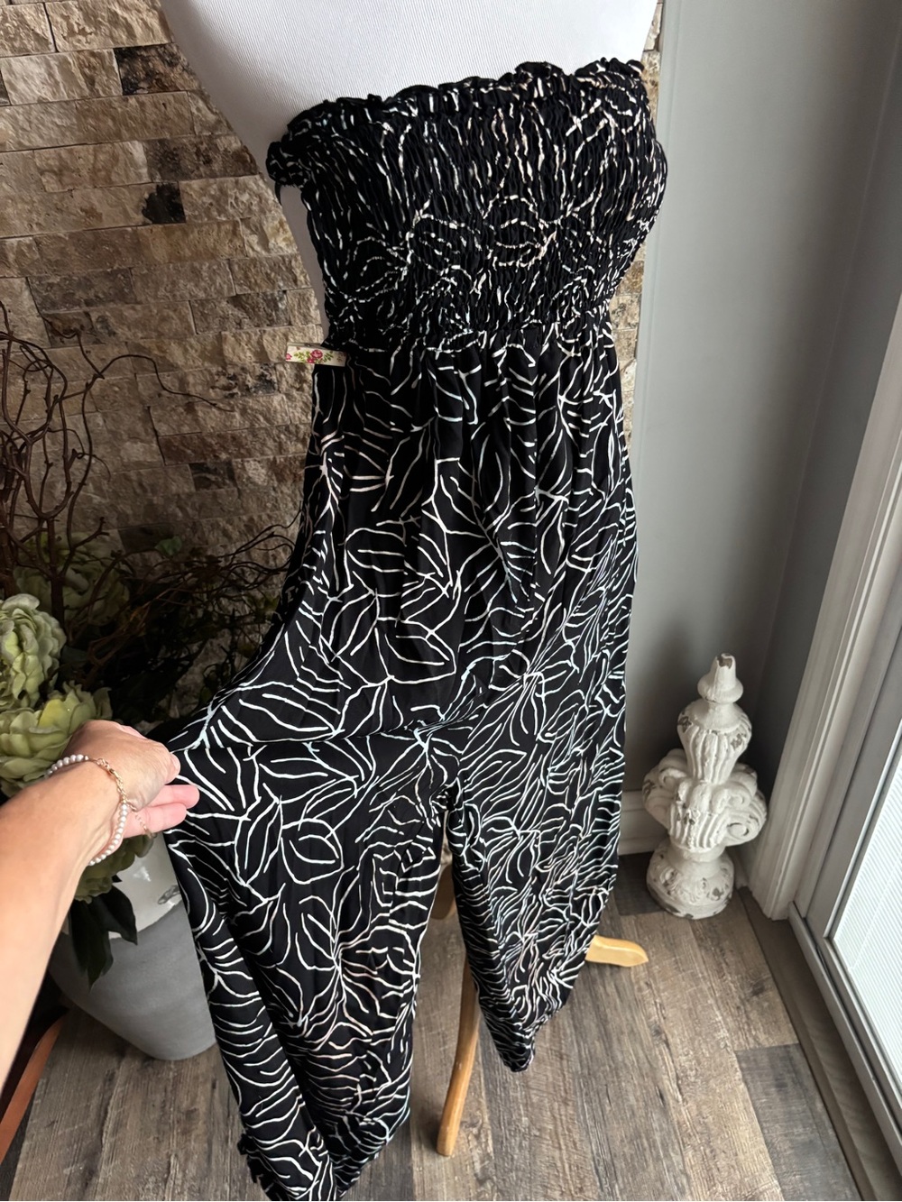 Strapless Black & White Floral Smocked Jumpsuit
